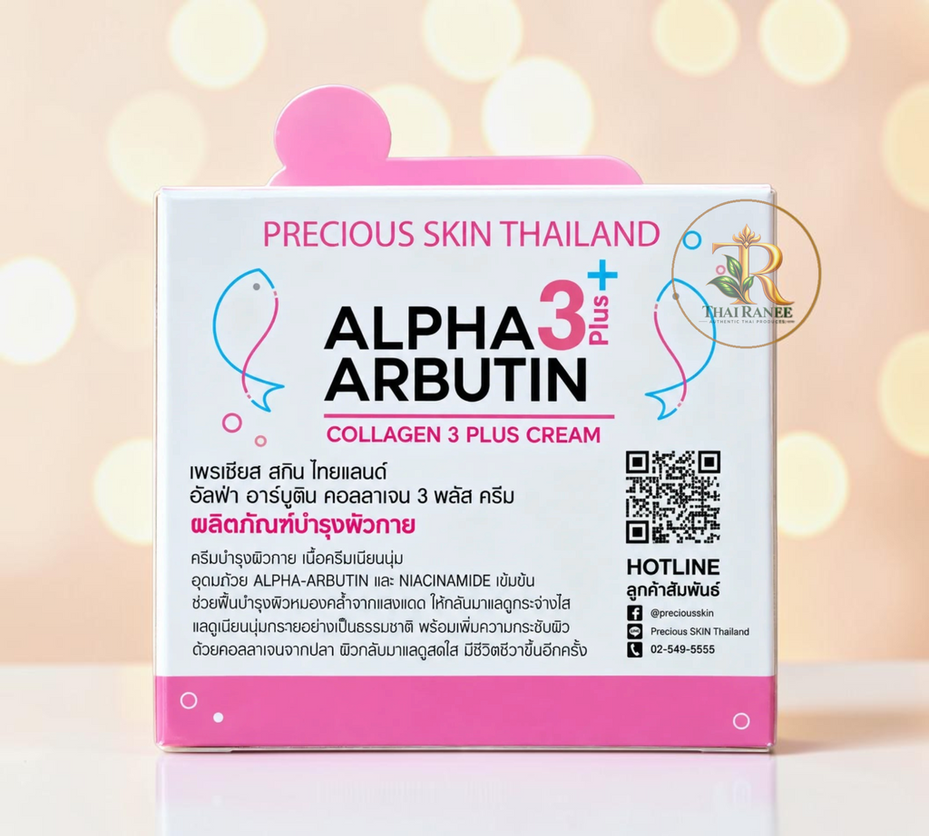 Thai Ranee Precious Skin Thailand Alpha Arbutin Collagen 3 Plus body cream in a white and pink box with QR code.