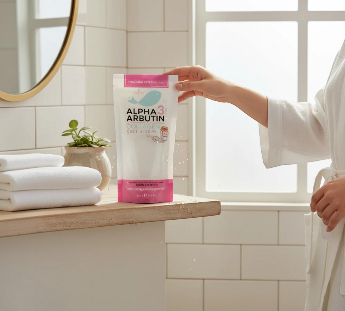 Thai Ranee Precious Skin Thailand Alpha Arbutin 3 Plus Collagen Salt Scrub pouch held in a bright bathroom setting.
