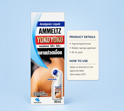 Thai Ranee Ammeltz Yoko Yoko analgesic liquid 82mL box with rubber-sponge applicator for muscle pain relief