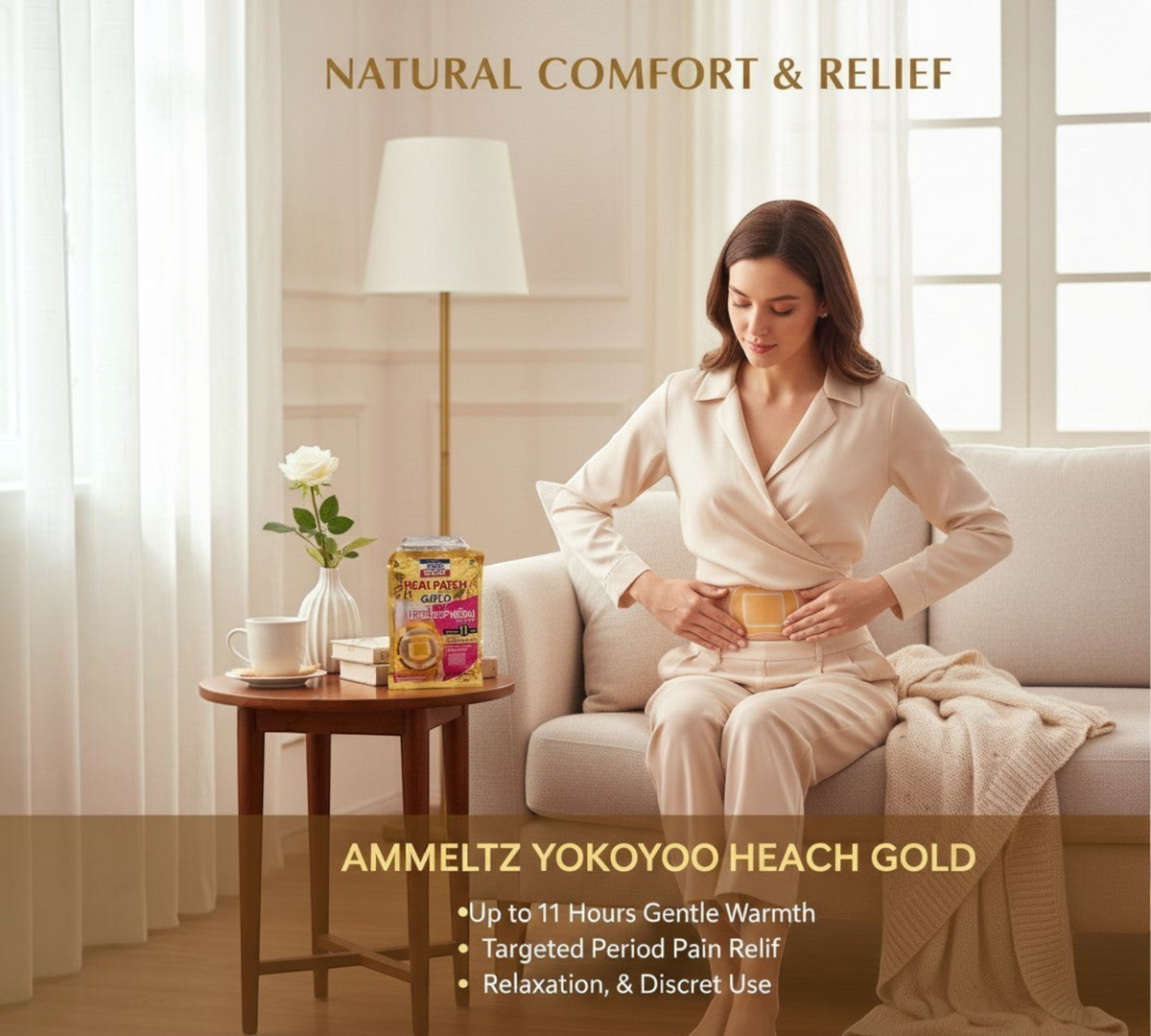 Thai Ranee Ammeltz Yoko Yoko Heat Patch Gold applied to abdomen for soothing period pain relief in a home setting