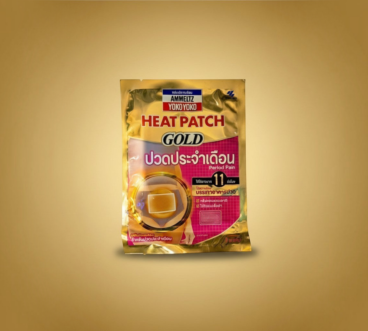 Thai Ranee Ammeltz Yoko Yoko Gold heat patch for menstrual pain relief in a gold foil packaging
