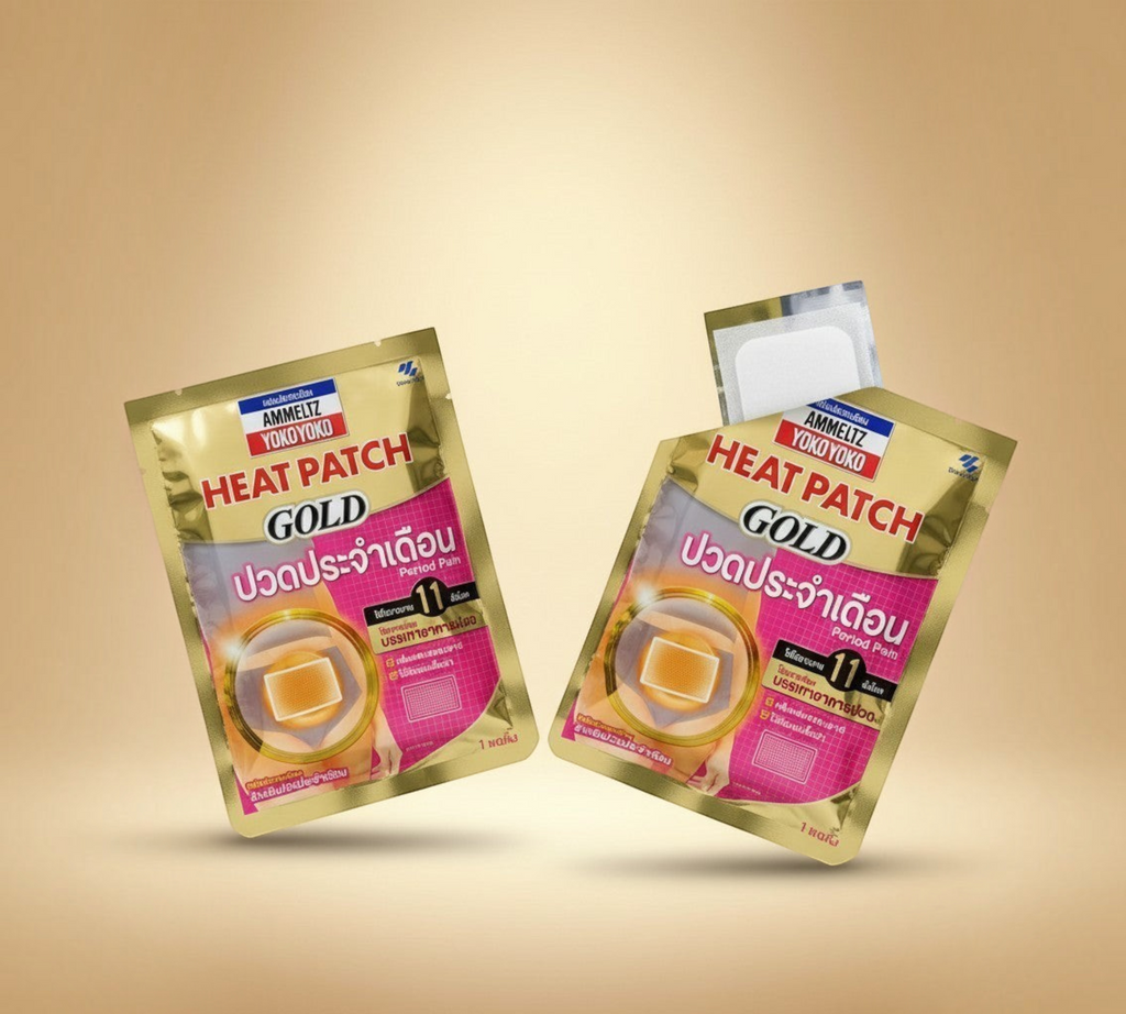 Thai Ranee Ammeltz Yoko Yoko Gold heat patches for period pain relief in gold and pink individual sachets