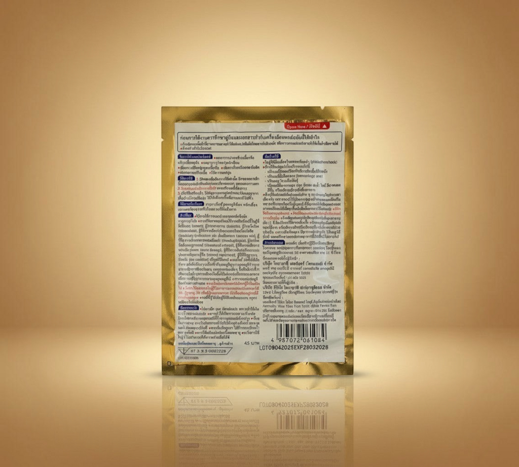 Thai Ranee Ammeltz Yoko Yoko Gold heat patch for period pain relief in a gold foil sachet with Thai instructions.