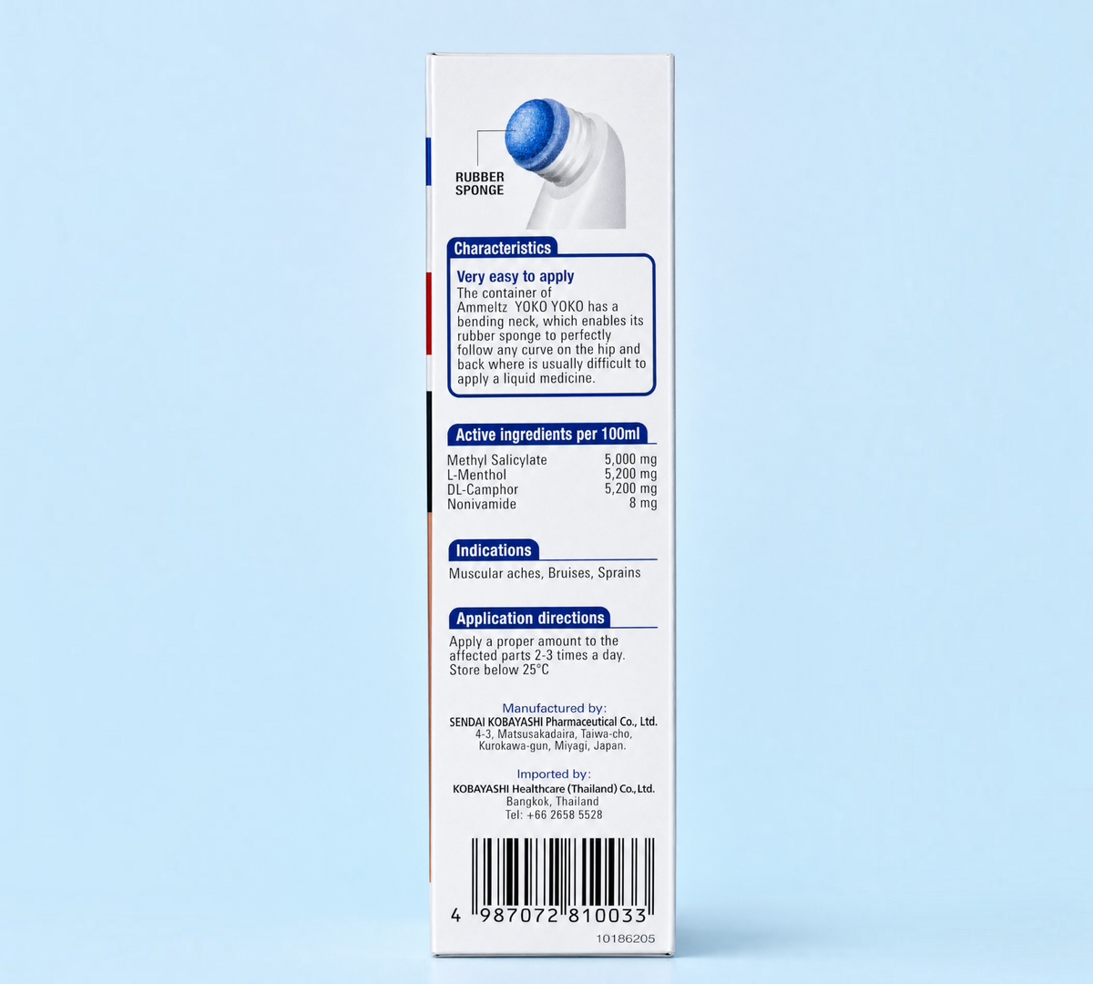 Thai Ranee Ammeltz Yoko Yoko analgesic liquid packaging back view showing ingredients and application instructions