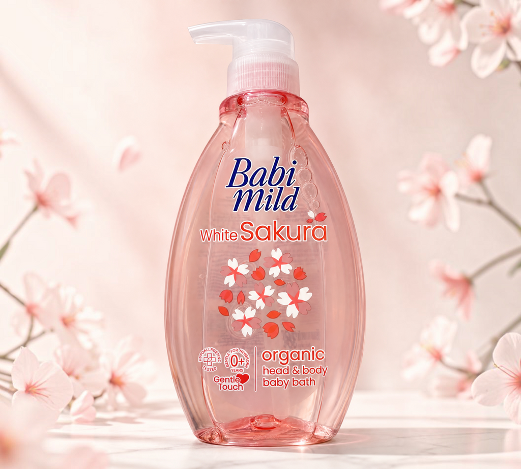 Thai Ranee Babi Mild White Sakura organic head and body baby bath in a 380ml pink pump bottle with floral design.
