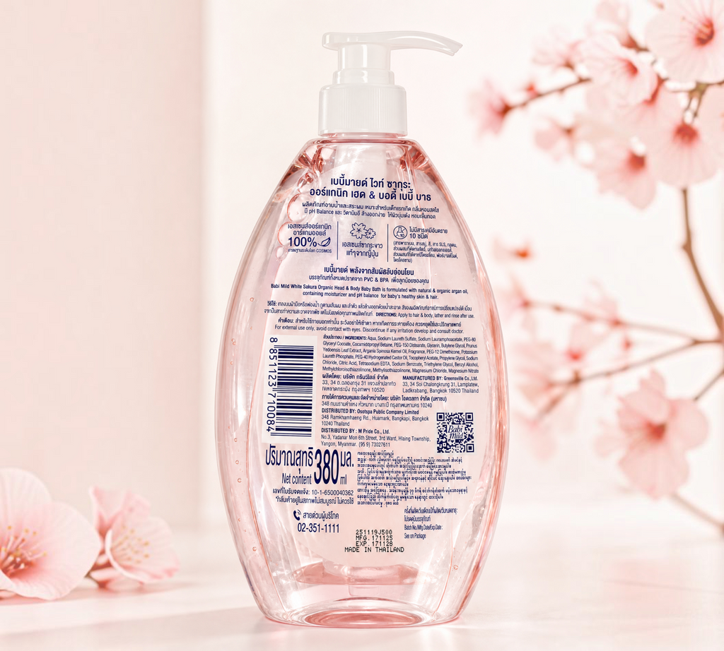 Thai Ranee Babi Mild White Sakura organic head and body baby bath 380ml bottle with pink liquid and floral details