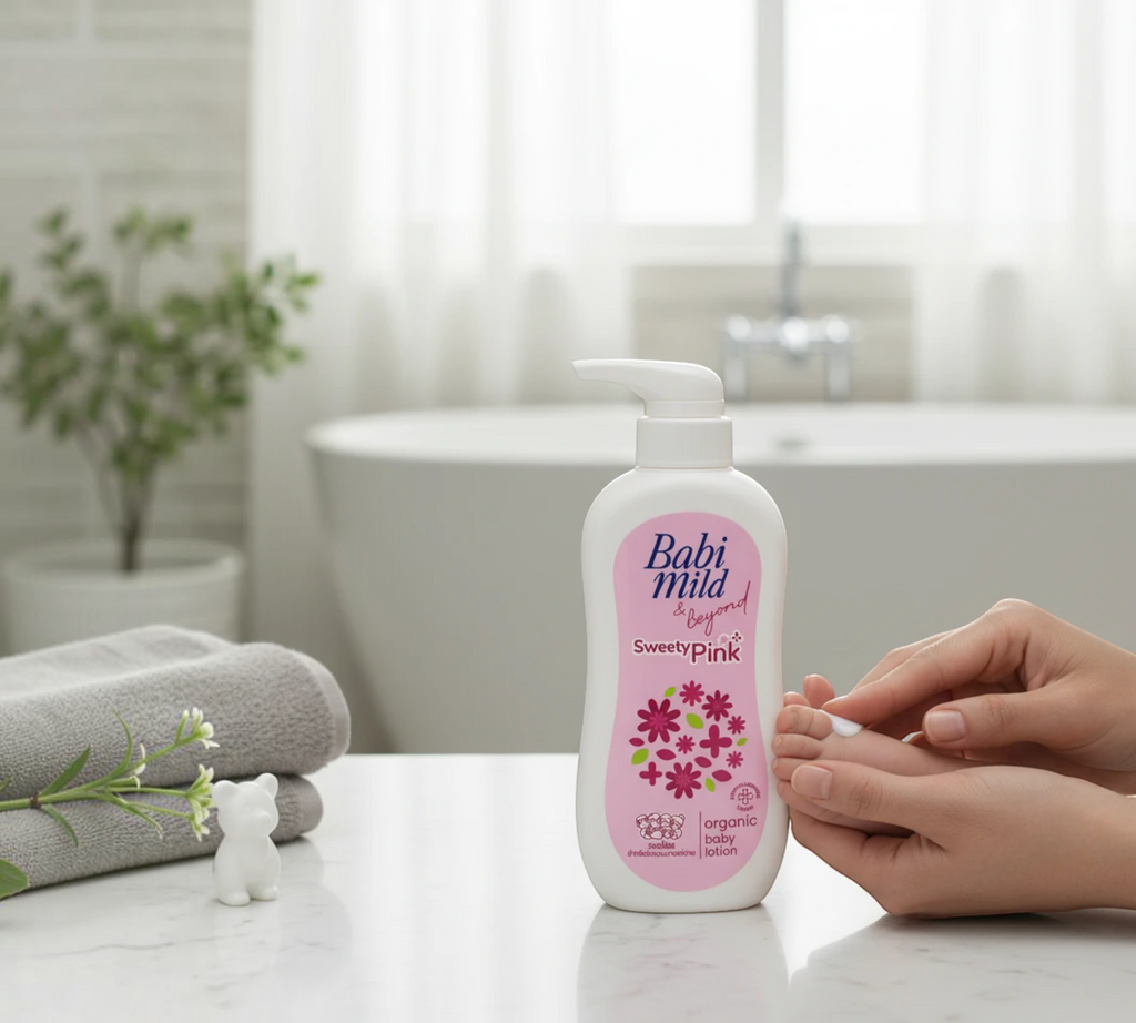 Thai Ranee Babi Mild & Beyond Sweety Pink organic baby lotion bottle with pump dispenser on a bathroom counter