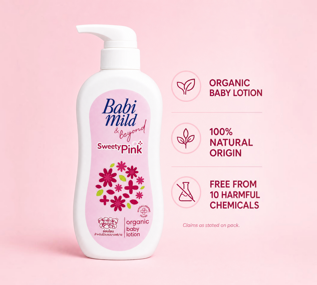 Thai Ranee Babi Mild & Beyond Sweety Pink organic baby lotion in a 350ml pump bottle with floral design