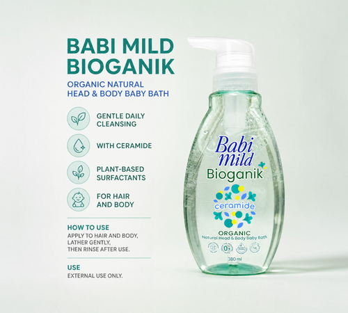 Thai Ranee Babi Mild Bioganik organic baby bath in a 380ml pump bottle for gentle hair and body cleansing.