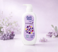 Thai Ranee Babi Mild & Beyond Double Milk organic baby lotion in a 350ml pump bottle on a soft purple background.