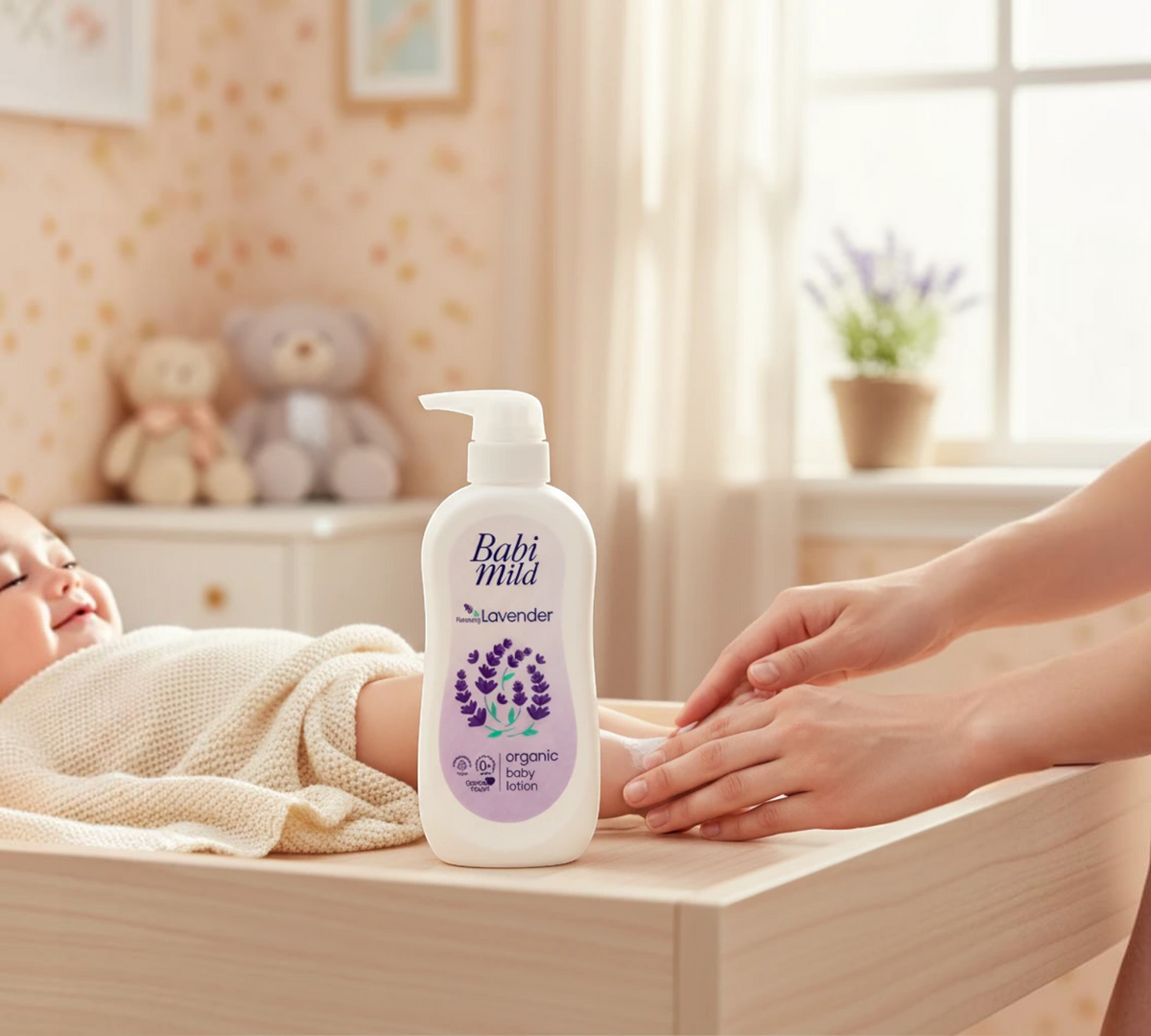 Thai Ranee Babi Mild Relaxing Lavender organic baby lotion being applied to a baby's leg in a cozy nursery setting.