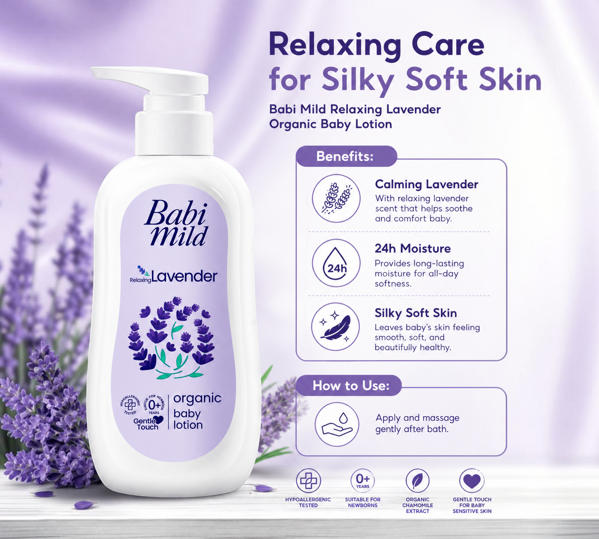 Thai Ranee Babi Mild Relaxing Lavender organic baby lotion in a pump bottle with lavender flowers and benefit icons
