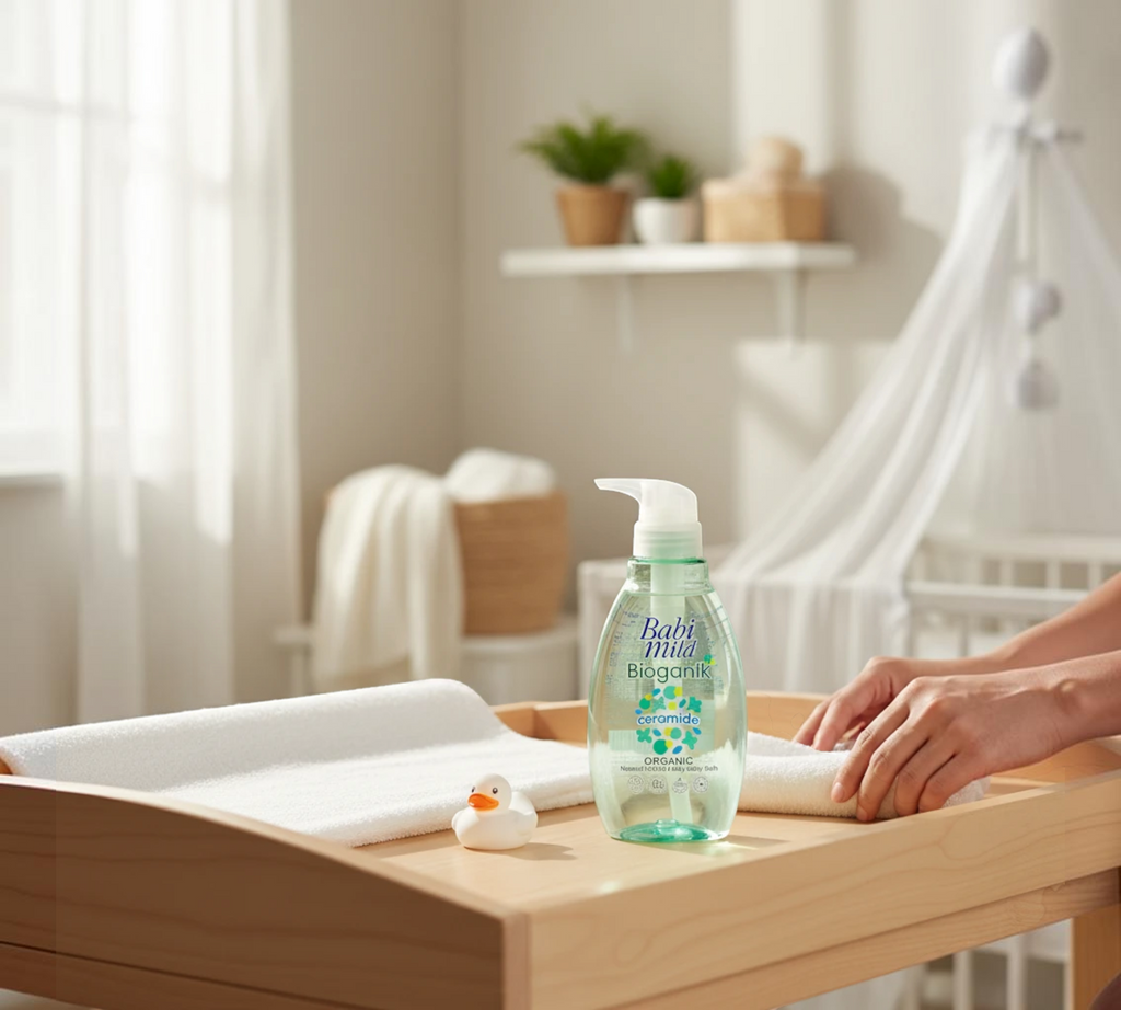Thai Ranee Babi Mild Bioganik organic head and body baby bath in a pump bottle on a wooden changing table.