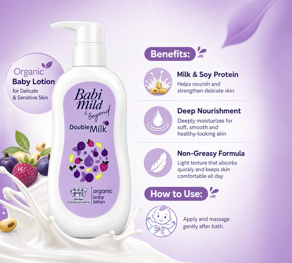 Thai Ranee Babi Mild & Beyond Double Milk organic baby lotion in a 350ml pump bottle with milk and fruit illustrations