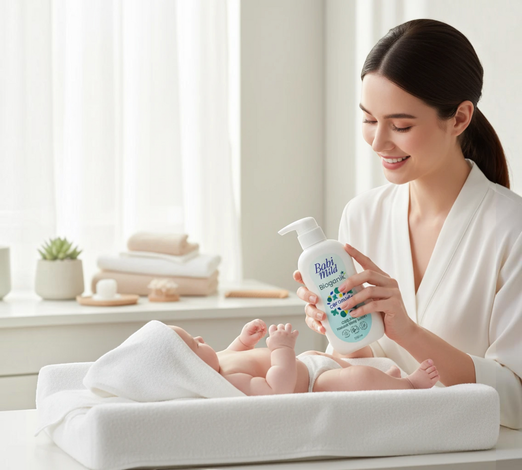 Thai Ranee mother applying Babi Mild Bioganik organic baby lotion with ceramide to her newborn on a changing table