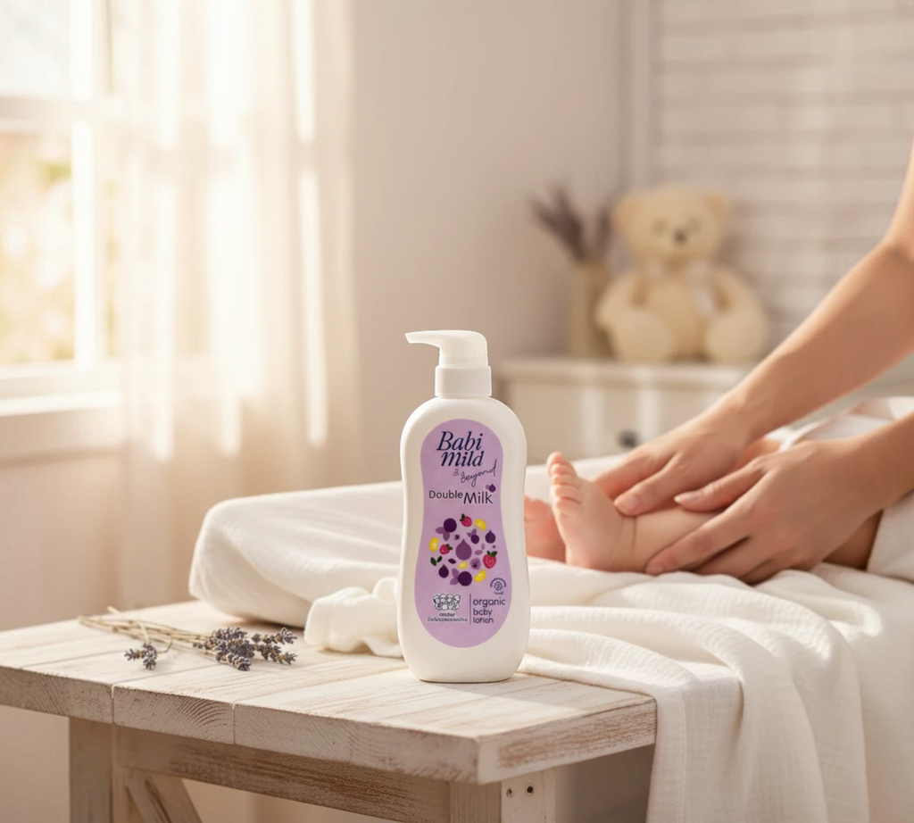 Thai Ranee Babi Mild & Beyond Double Milk organic baby lotion bottle on a wooden table with a baby being massaged.