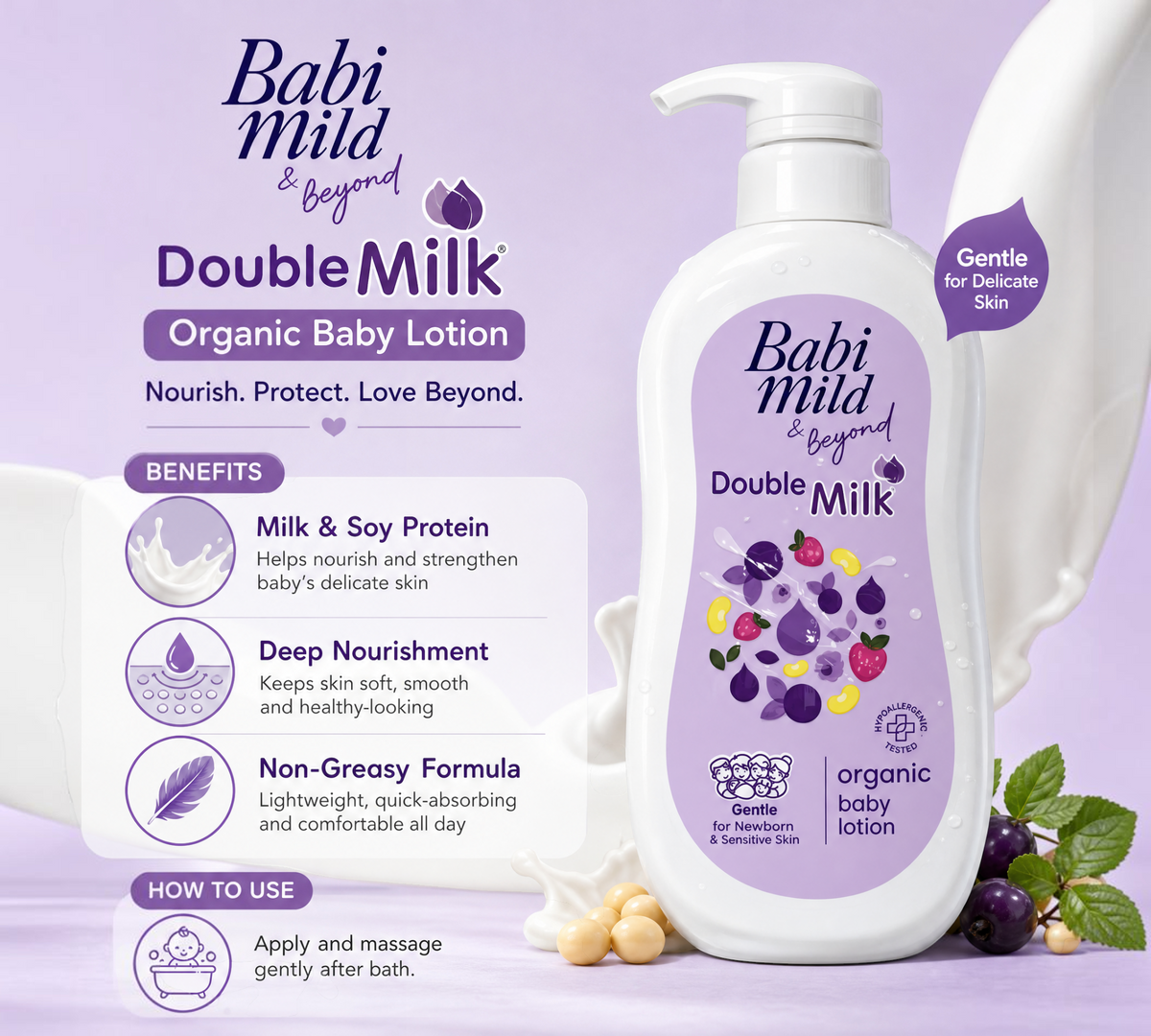 Thai Ranee Babi Mild & Beyond Double Milk organic baby lotion bottle with milk and berry illustrations on purple background