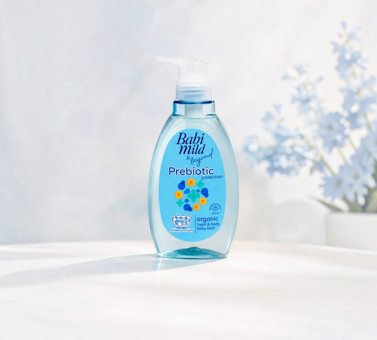 Thai Ranee Babi Mild Prebiotic Protection organic head and body baby bath in a clear blue pump bottle