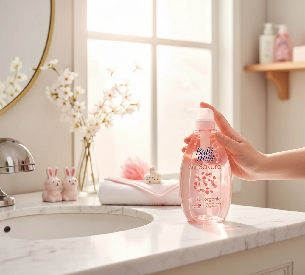 Thai Ranee Babi Mild White Sakura organic head and body baby bath in a pink pump bottle on a bathroom vanity.