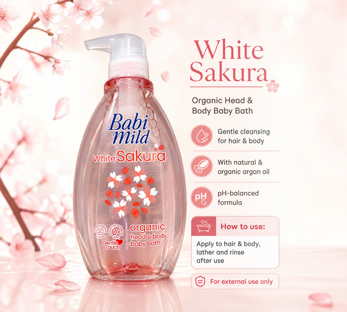 Thai Ranee Babi Mild White Sakura organic head and body baby bath in a 380ml pump bottle with floral sakura design.