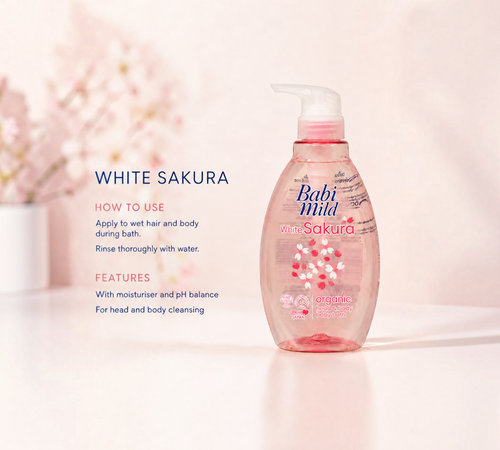 Thai Ranee Babi Mild White Sakura organic head and body baby bath in a pink pump bottle with floral design