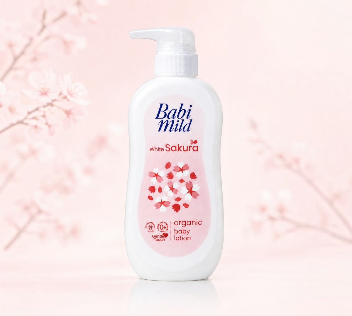 Thai Ranee Babi Mild White Sakura organic baby lotion in a 350ml pump bottle for sensitive newborn skin
