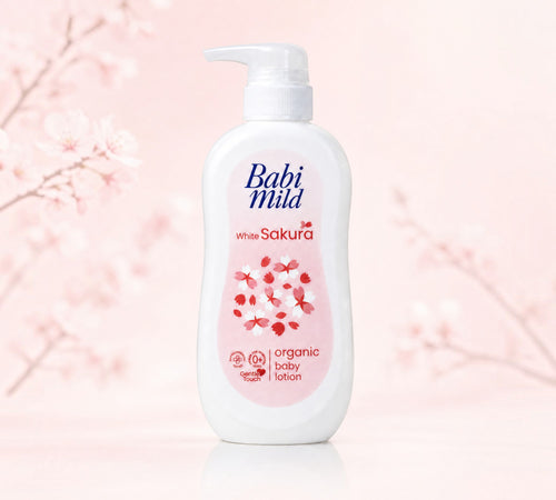 Thai Ranee Babi Mild White Sakura organic baby lotion in a 350ml pump bottle for sensitive newborn skin