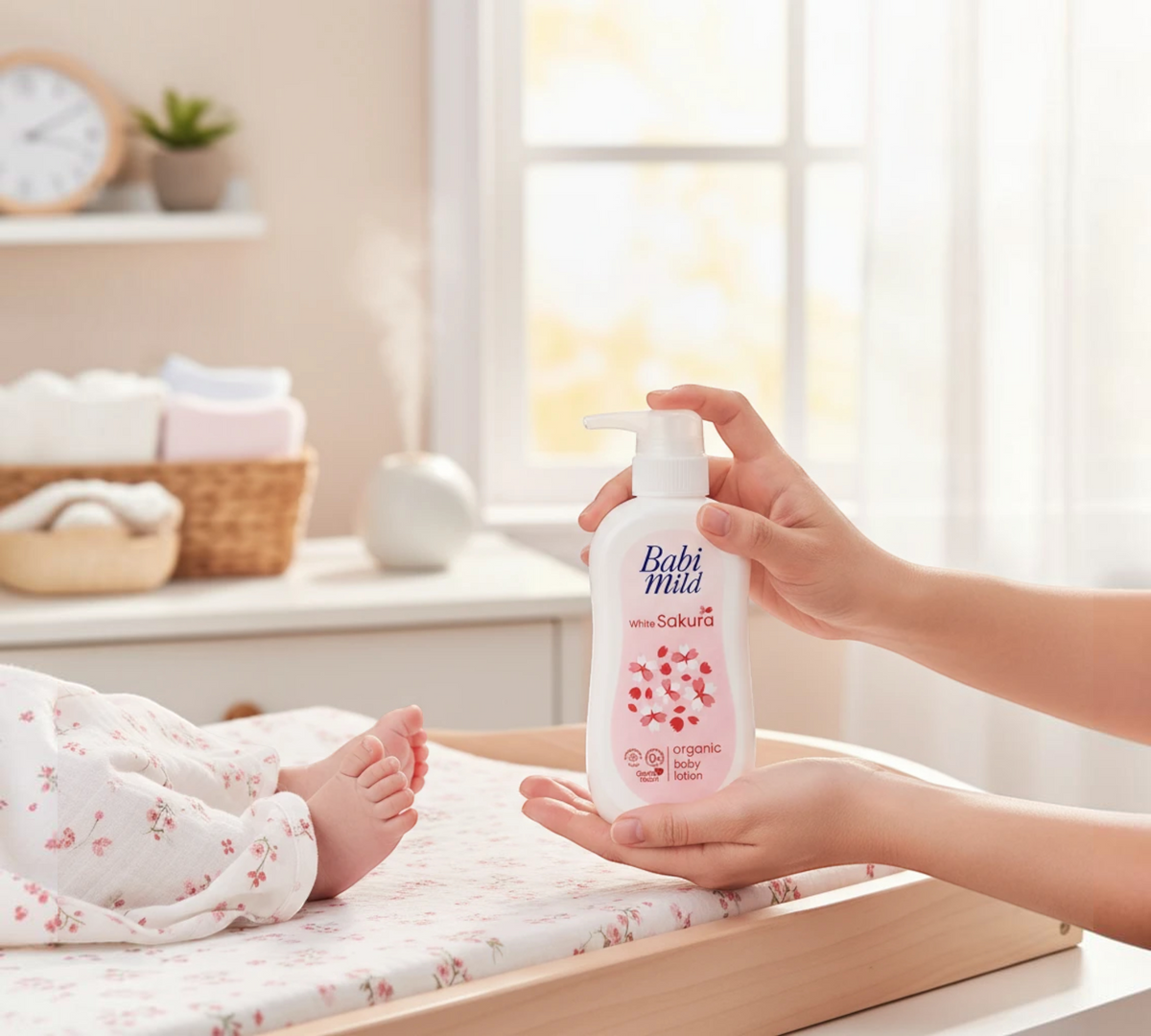 Thai Ranee Babi Mild White Sakura organic baby lotion bottle held in hands over a baby on a changing table