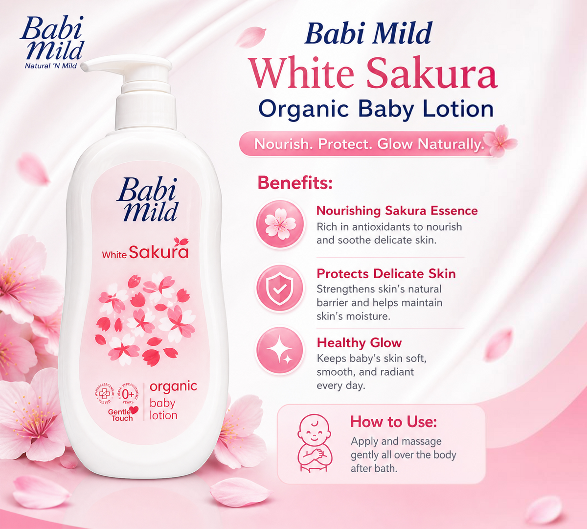 Thai Ranee Babi Mild White Sakura organic baby lotion bottle with pump, featuring floral sakura design for sensitive skin