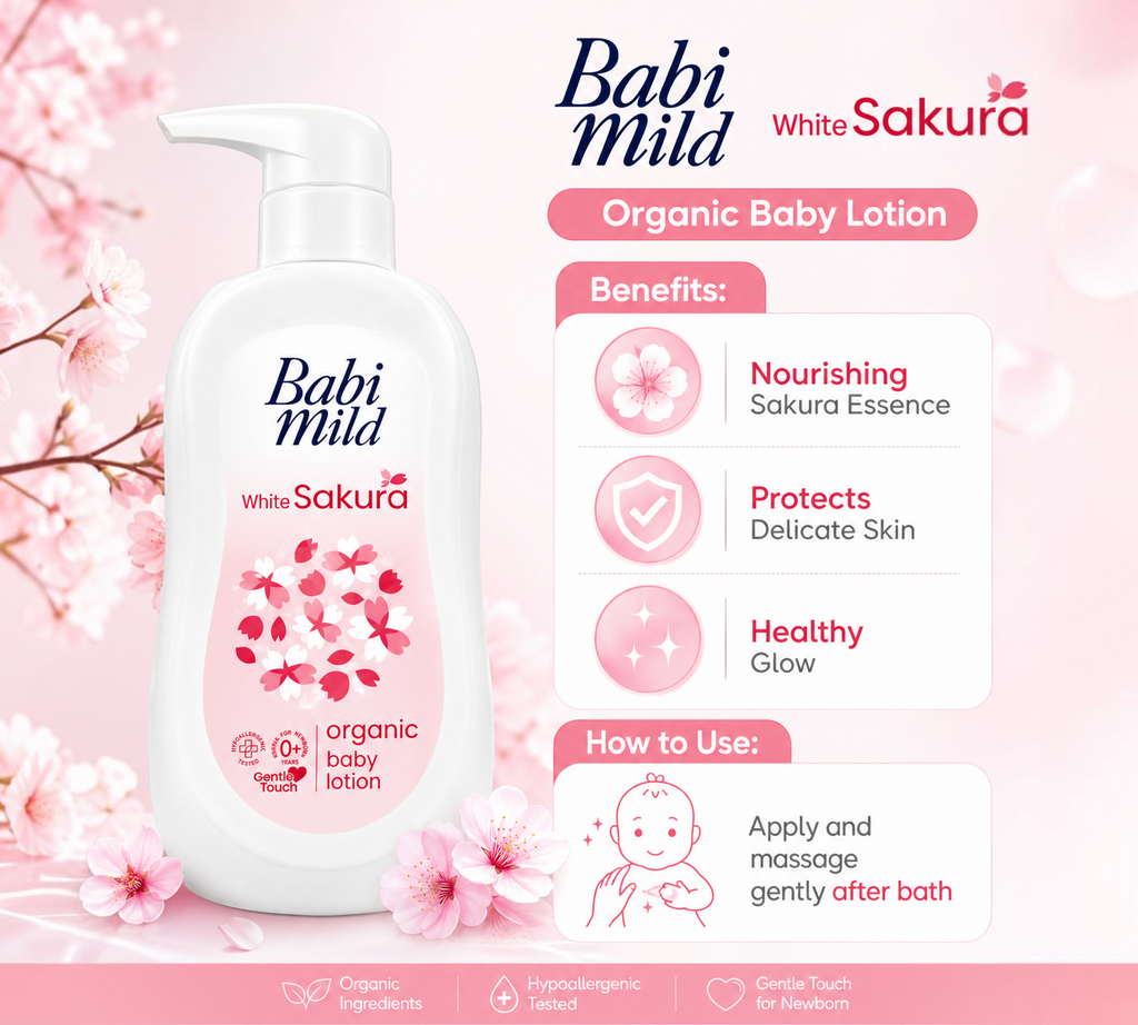 Thai Ranee Babi Mild White Sakura organic baby lotion bottle with pump, featuring floral sakura design and benefits.