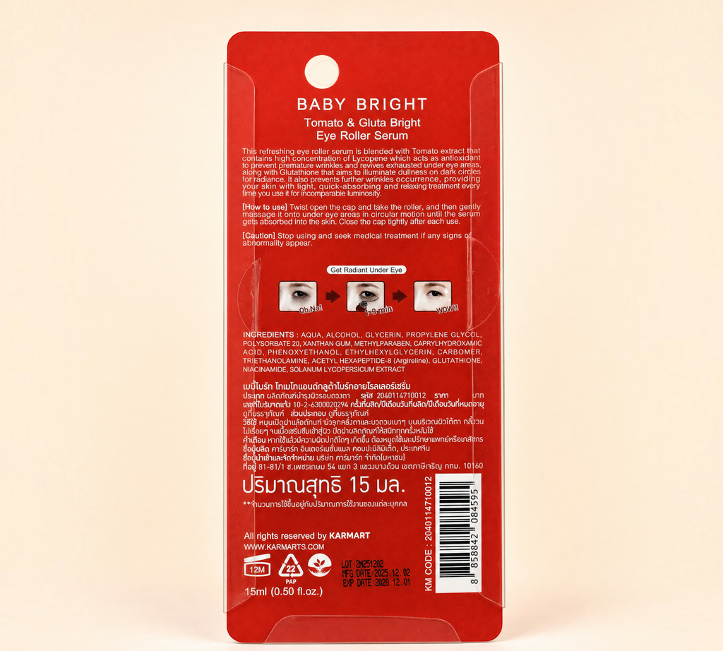 Thai Ranee BABY BRIGHT Tomato and Gluta Bright Eye Roller Serum packaging back view with product information