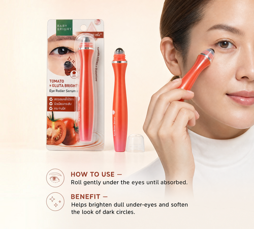 Thai Ranee Baby Bright tomato and gluta eye roller serum being applied by a woman to reduce dark circles