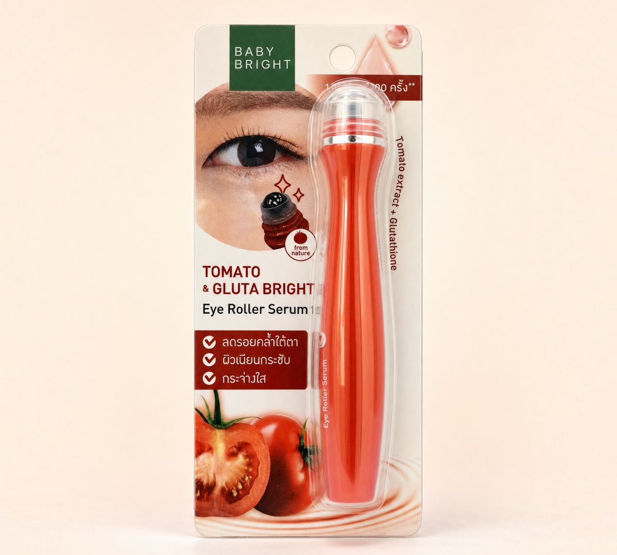 Thai Ranee BABY BRIGHT Tomato and Gluta Bright Eye Roller Serum in red packaging for reducing dark circles.