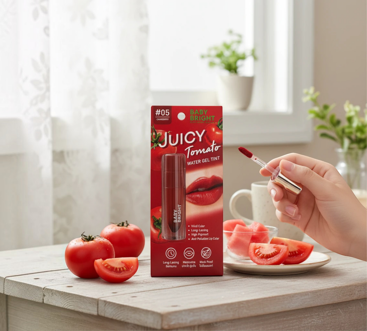 Thai Ranee Baby Bright Juicy Tomato water gel lip tint in #05 Cranberry with applicator held by hand on wooden table
