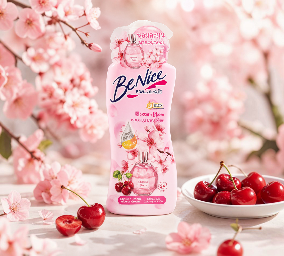 Thai Ranee Be Nice Blossom Bloom shower cream bottle with cherry blossom and fresh cherry fruit design