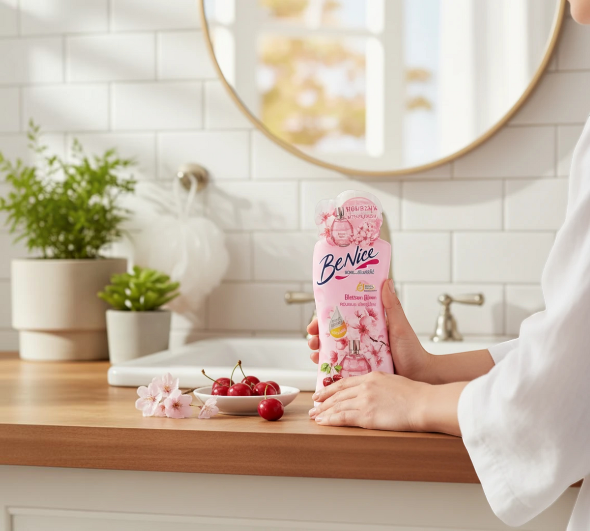 Thai Ranee Be Nice Blossom Bloom shower cream bottle with cherry and flower illustrations in a bright bathroom