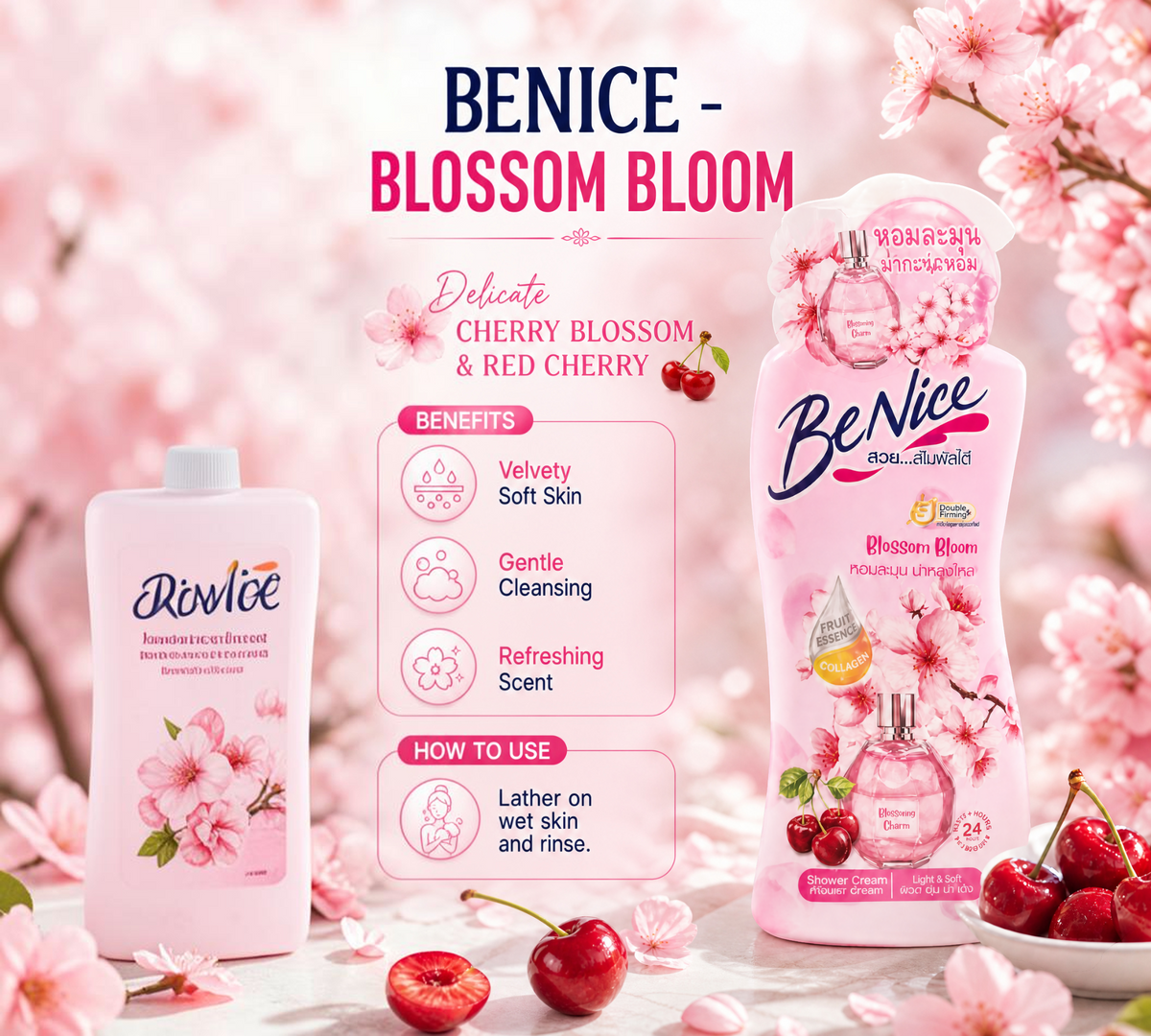 Thai Ranee Be Nice Blossom Bloom shower cream bottle with cherry blossom and red cherry illustrations
