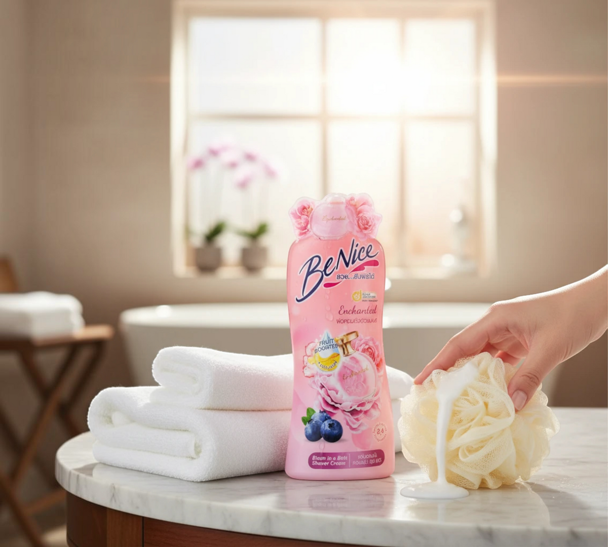 Thai Ranee BeNice Enchanted Bloom shower cream bottle with floral design and fruit extracts on a marble bathroom vanity