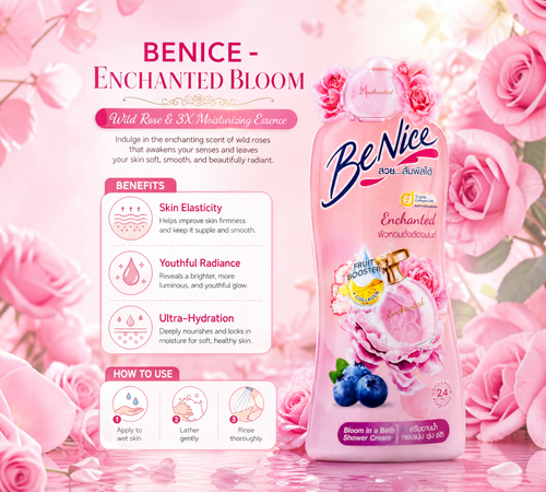 Thai Ranee BeNice Enchanted Bloom shower cream bottle with pink rose and blueberry graphics on a floral background