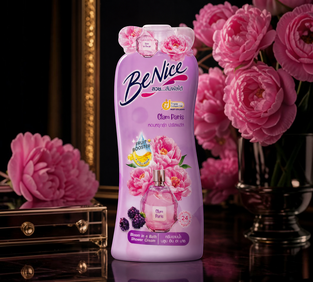 Thai Ranee BeNice Glam Paris Bloom In A Bath shower cream in a purple bottle with floral and perfume bottle graphics