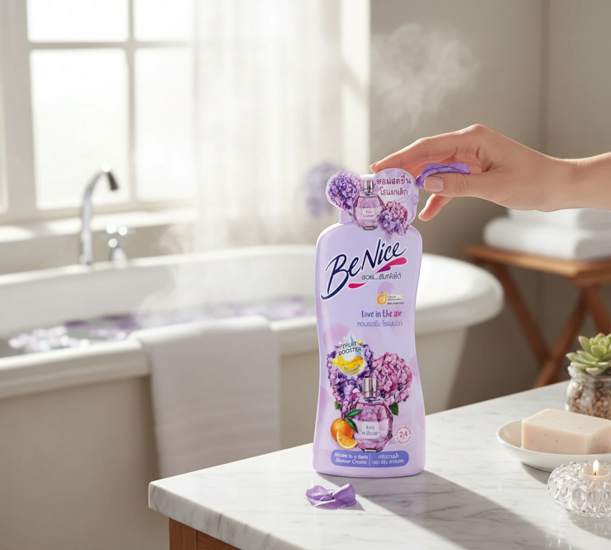 Thai Ranee BeNice Love In The Air Bloom shower cream bottle with floral design on a marble bathroom counter