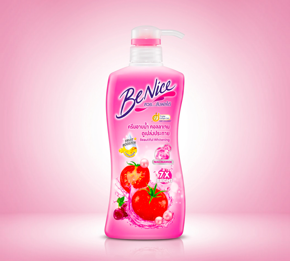 Thai Ranee BeNice Beautiful Whitening Shower Cream in a 400ml pink bottle with tomato and grape fruit extracts.
