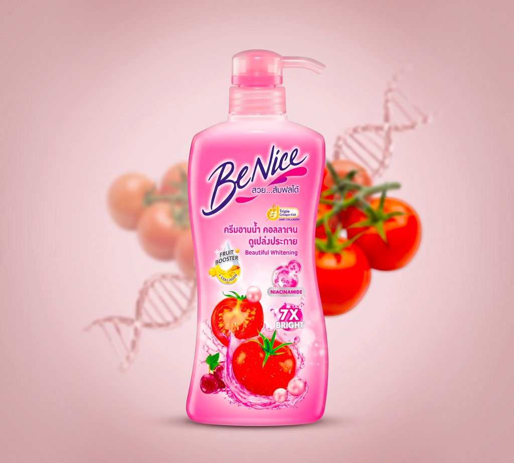 Thai Ranee BeNice Beautiful Whitening Shower Cream in a pink 400ml pump bottle with tomato and grape fruit extracts.