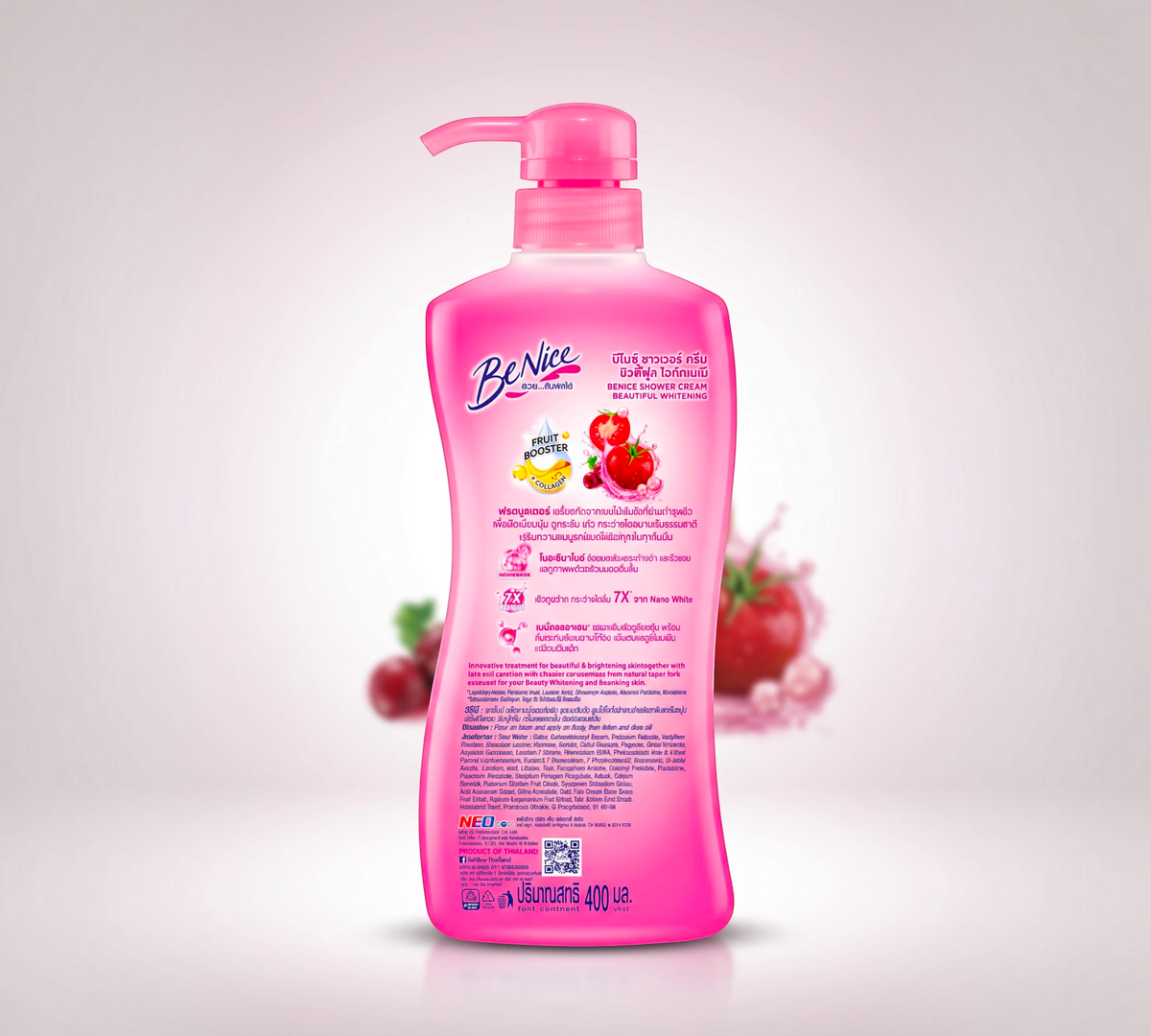 Thai Ranee BeNice Beautiful Whitening Shower Cream in a 400ml pink pump bottle with tomato and grape fruit graphics.