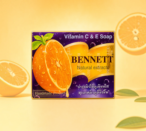 Thai Ranee Bennett Vitamin C & E handmade soap bar in purple packaging with orange extract illustration