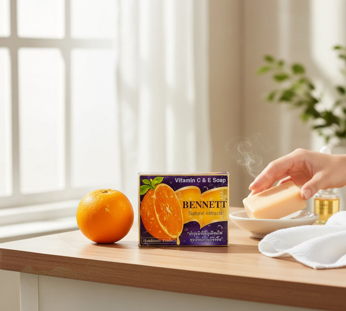 Thai Ranee Bennett Vitamin C & E handmade soap bar with orange extract, shown with fresh orange on a wooden table.