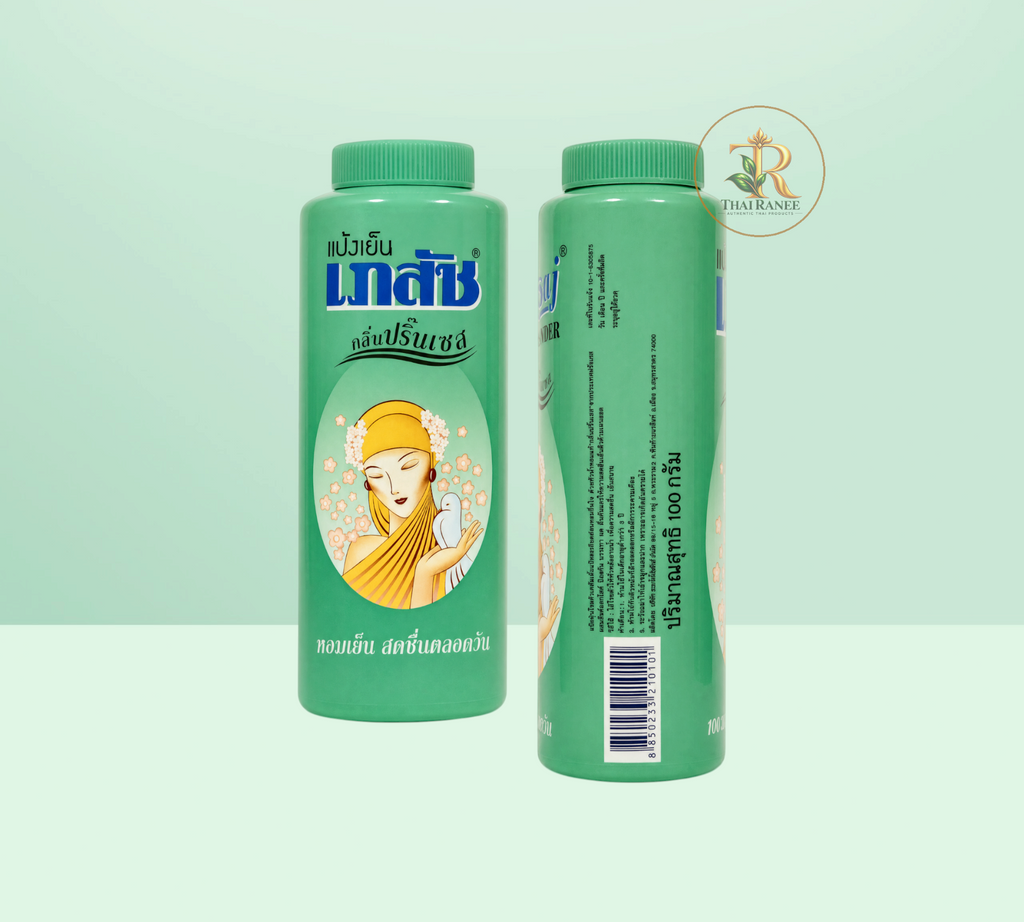 Thai Ranee Bhaesaj Cooling Powder Princess Aroma in a green 100g bottle with floral and dove illustration