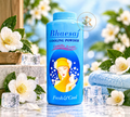 Thai Ranee Bhaesaj cooling body powder with Camilla aroma in a blue bottle, surrounded by white flowers and ice cubes.