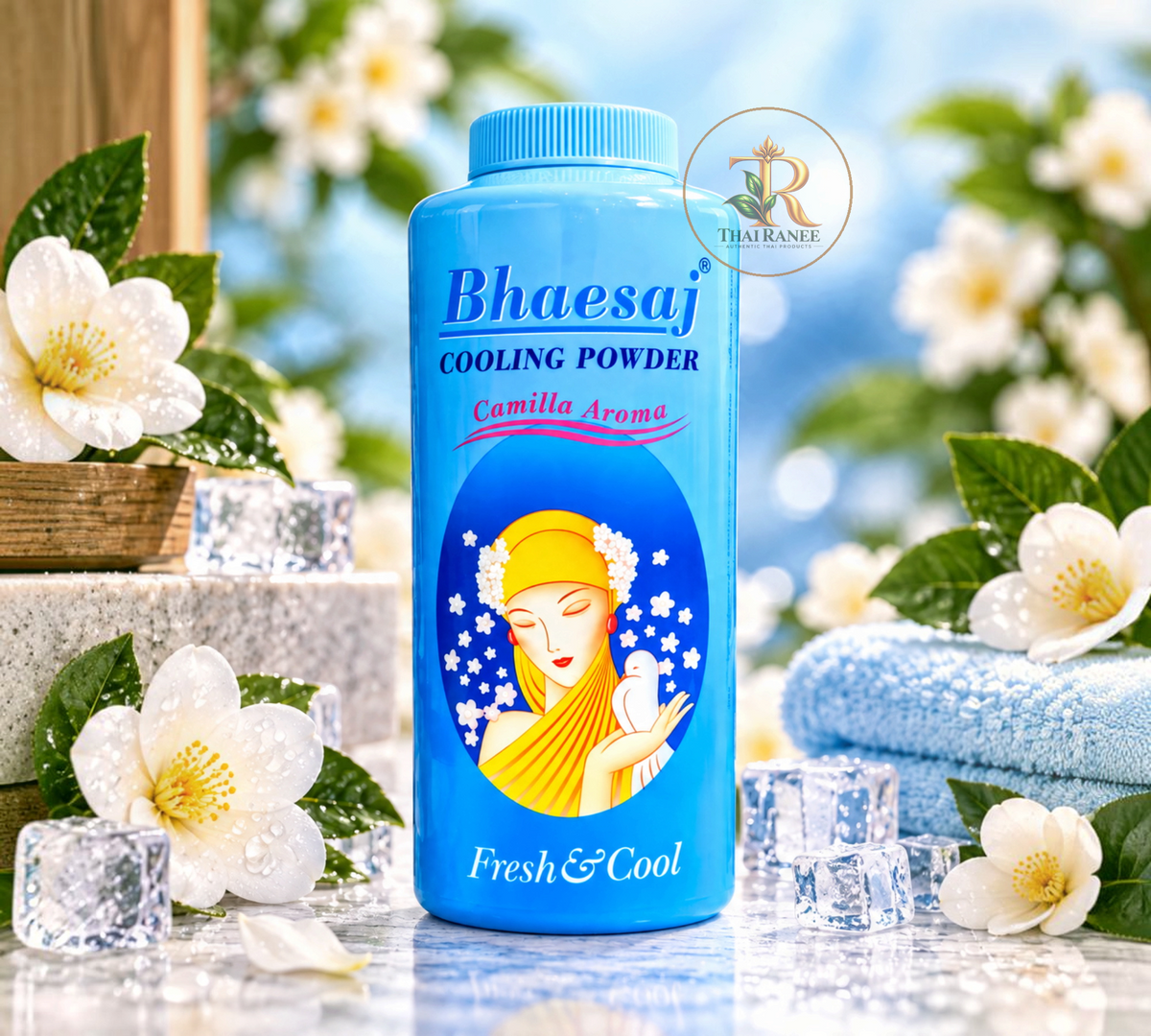 Thai Ranee Bhaesaj cooling body powder with Camilla aroma in a blue bottle, surrounded by white flowers and ice cubes.