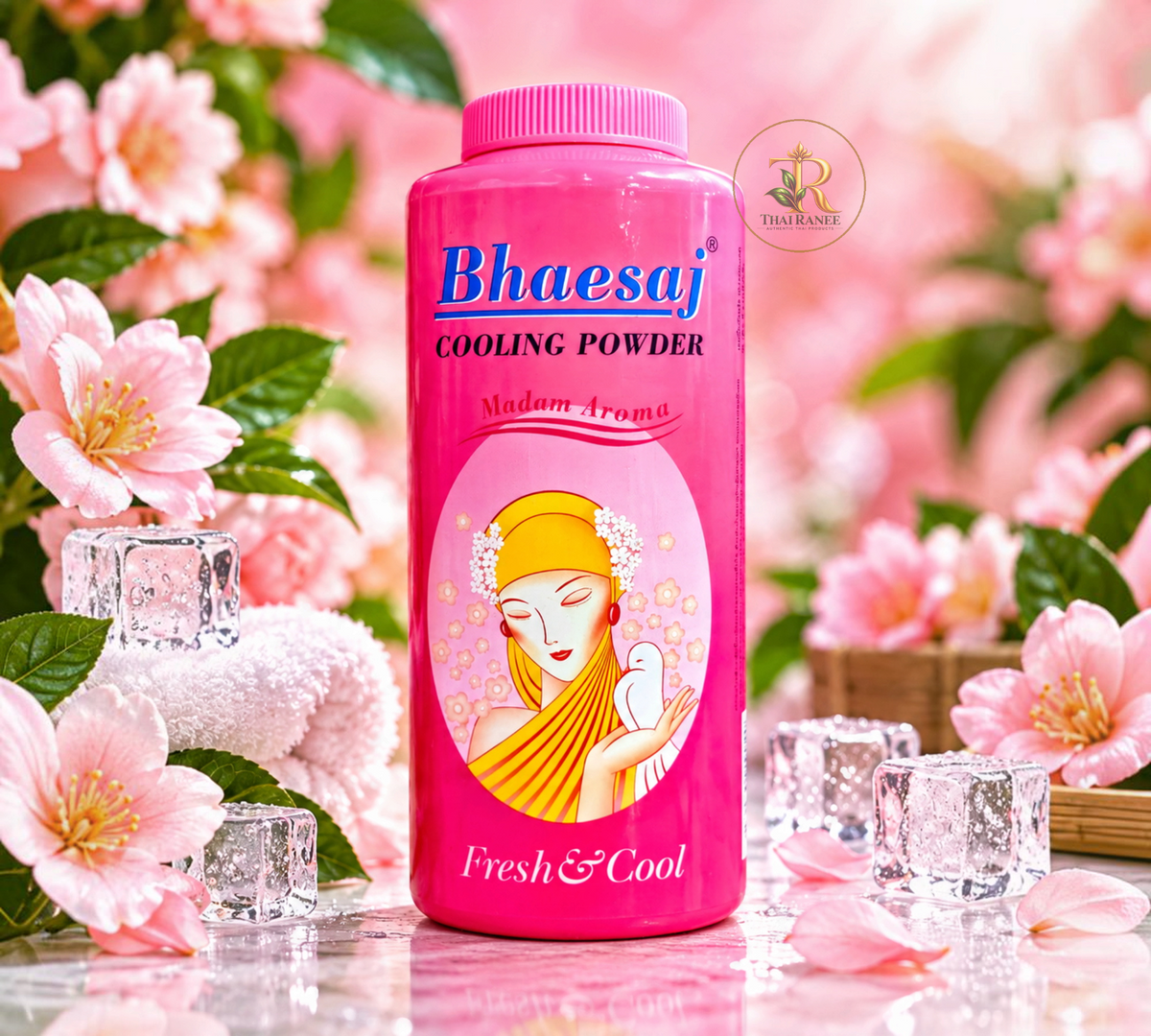 Thai Ranee Bhaesaj Cooling Powder Madam Aroma in a pink bottle surrounded by ice cubes and pink flowers